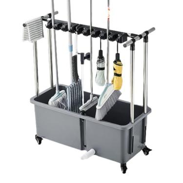 Imagem de JYXYXSCP Suporte de vassoura e esfregão para colocar esfregões molhados móveis para esfregão montado no chão, ferramenta de limpeza de chão, armazenamento de carrinho, roda de 360° (90 cm, 8