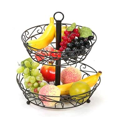 Imagem de Cesta de frutas cesta de frutas suporte em camadas 2 st ?ckig fruteira contemporânea feita de fio de metal frutas/vegetais/cesta de metal fosco preto