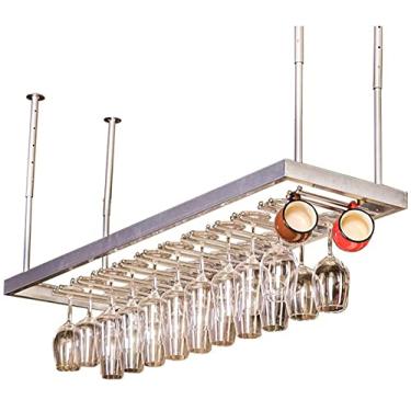 Imagem de Taças de vinho penduradas no teto | Suporte organizador de taças de vinho de metal | Suporte de taça de vinho, barra de prata, móveis de sala de jantar