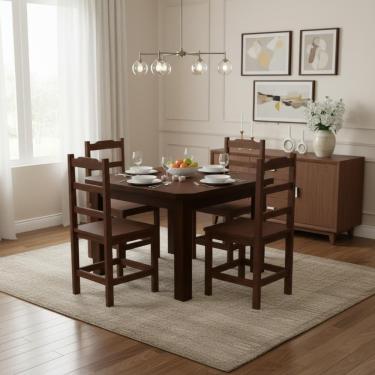 Imagem de Kit Mesa E 4 Cadeiras Perola Em Madeira Maciça - Castanho
