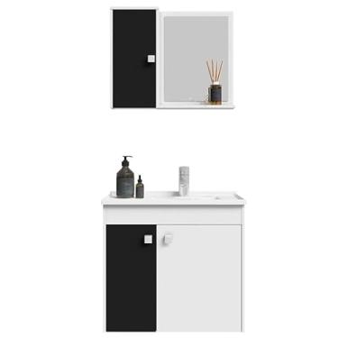 Imagem de Gabinete Kit Completo Com Pia de Mármore Sintético e Armário Com Espelho (BRANCO/PRETO)