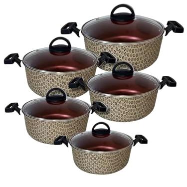 Imagem de Conjunto De Panelas Antiaderentes, 5 Peças, Alumínio Com Revestimento Antiaderente, Tampa De Vidro, Vermelho E Bege Com Detalhes Em Preto