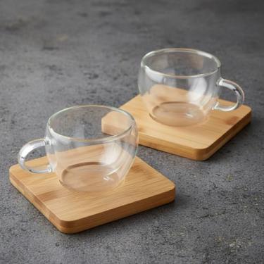Imagem de Xícaras Espresso Vidro Borossilicato Parede Dupla 60ml com Suporte Bambu kit