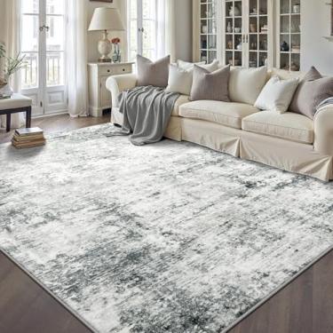 Imagem de GERUIMO Tapete lavável de 15 x 23 cm, ultra antiderrapante, lã sintética macia, dobrável, resistente a manchas, cinza abstrato moderno grande para sala de estar, quarto, sala de jantar, decoração de