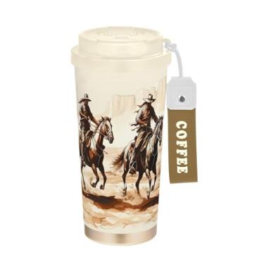 Imagem de SEHANY Caneca de viagem vintage caubói ocidental 482 g xícaras de café reutilizáveis revestidas de cerâmica com tampa à prova de vazamento, parede dupla, isolamento a vácuo, copo de café de aço