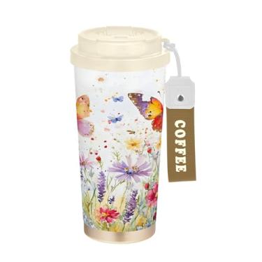 Imagem de SEHANY Caneca de viagem borboleta e flores de 482 ml Copos de café reutilizáveis revestidos de cerâmica com tampa à prova de vazamento, parede dupla, isolamento a vácuo, copo de café de aço inoxidável