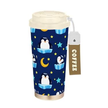 Imagem de SEHANY Caneca de viagem de pinguim fofa de 482 g Copos de café reutilizáveis revestidos de cerâmica com tampa à prova de vazamento, parede dupla, isolamento a vácuo, copo de café de aço inoxidável