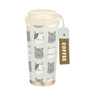 Imagem de SEHANY Caneca de viagem de gato gatinho fofo de 482 g xícaras de café reutilizáveis revestidas de cerâmica com tampa à prova de vazamento, parede dupla, isolamento a vácuo, copo de café de aço