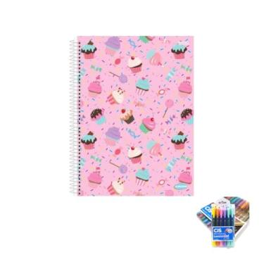 Imagem de Kit Caderno Feminino KBOM 200 Folhas Capa Dura + Caneta Trigel Metálica + Marca Texto Gel Pastel