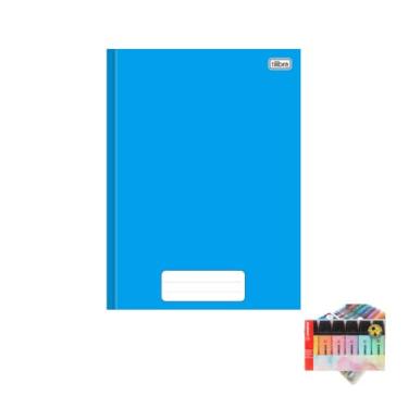 Imagem de Kit Caderno Brochura Capa Dura Azul 80 Folhas + Caneta Trigel Metálica 1.0mm + Marca Texto Boss 6 Cores Pastel