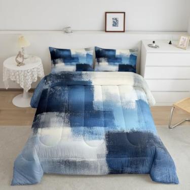 Imagem de jejeloiu Conjunto de cama Queen abstrato, geométrico, para crianças, meninos, meninas, adolescentes, azul claro, respirável, macio, leve, conjunto de edredom de microfibra