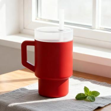 Imagem de Copo de silicone de 325 ml com alça, tampa rosqueada e canudo de silicone macio removível, garrafa de água reutilizável, presentes para meninos e meninas, vermelho + branco