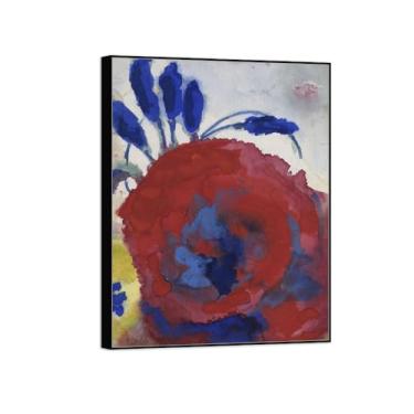 Imagem de BMZFYBS Pintura de arte de parede de flores - imagem de decoração vintage - flores vermelhas azuis amarelas - impressões em tela de moldura preta para sala de estar 50 x 65 cm 20 x 26 pol