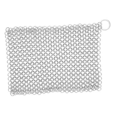 Imagem de Ioensy Limpador de ferro fundido multiuso, esfregão de aço inoxidável compacto, esfregão de malha de corrente para grelhas, pratos, bules e xícaras wok, 8x6 Inch