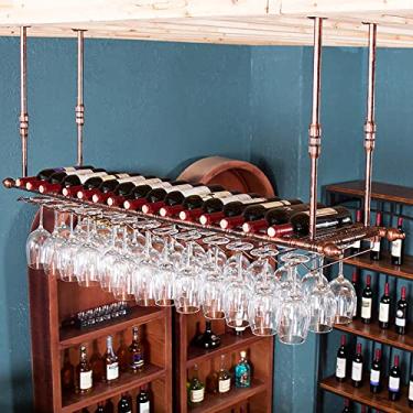 Imagem de APUM Prateleiras de vinho de teto, altura ajustável, suporte de taças de metal, suporte de garrafa de vinho, prateleira de taça de vinho suspensa, para bares, cozinhas, restaurantes