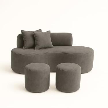 Imagem de Conjunto Sofá Curvo Orgânico + 2Puffs Nature Gaia Suede Cinza - Montanaris Decor