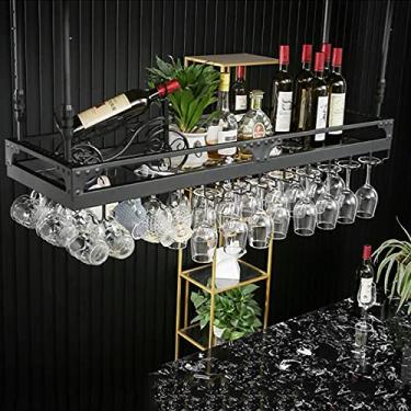 Imagem de APUM Suporte de copo de vinho industrial – Suporte de garrafa preto para teto, prateleira de vinho de metal, altura ajustável, para bares, restaurantes, cozinhas