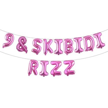 Imagem de 9 & Skibidi Rizz Faixa de balão com glitter multicolorido - suprimentos, ideias e decorações para festa de 9 anos (9 e SKIBIDI RIZZ rosa vermelha)