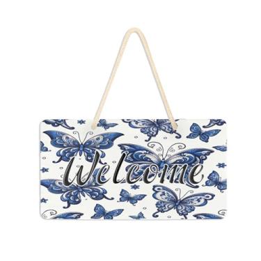 Imagem de Burbuja Placa de boas-vindas de borboletas paisley azul para porta da frente, placa de boas-vindas de PVC para decoração de férias, 15 x 28 cm