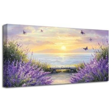 Imagem de LZIMU Grande praia costeira pôr do sol arte de parede roxo lavanda imagem borboleta floral rústica impressão em tela vintage flores silvestres pintura paisagem marítima sala de estar decoração de