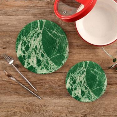 Imagem de CEBUGI Conjuntos de suportes de panela redondos de algodão para panelas quentes resistentes ao calor para cozinhar e assar, 2 peças de texturas de mármore verde