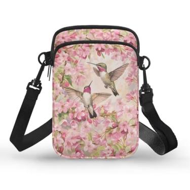 Imagem de CLOHOMIN Bolsa transversal para celular, mini bolsa tiracolo feminina e masculina com bolsos com zíper, Flores rosa beija-flor