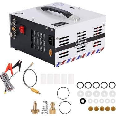 Imagem de Vdapavin Compressor de ar PCP, 4500psi/30MPa, adaptador de energia embutido, sem óleo/água, parada manual, alimentado por 110 V AC ou 12 V DC, pistola de ar e paintball/bomba de compressão para tanque