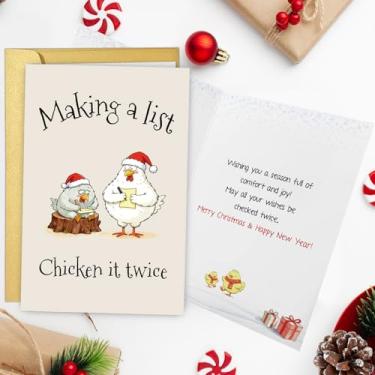 Imagem de Cartão de Natal de frango fofo, cartão de Natal engraçado para irmã irmão filho filha, cartões de Natal engraçados para homens e mulheres, fazendo uma lista de frango duas vezes
