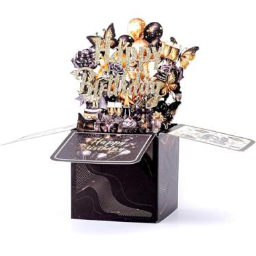 Imagem de 1 cartão pop-up de feliz aniversário, caixa de presente 3D para adultos, crianças, cartão de aniversário com envelopes e etiqueta de anotação, vela em bolo de aniversário, fogos de artifício, cartões