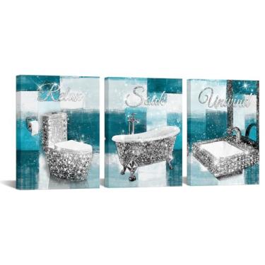 Imagem de Conipit Conjunto de arte de parede de banheiro com gliter, 3 peças, impressão em tela cinza petróleo com efeito de banho, decoração moderna de spa com design de banheira (azul-petróleo)