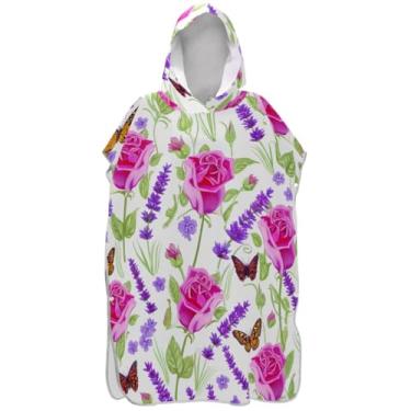 Imagem de Joisal Poncho de surf rosa borboleta lavanda para adultos trocador de roupa de praia com capuz toalha floral plus size masculino poncho com capuz
