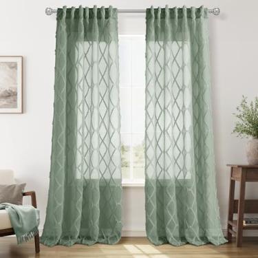 Imagem de Cortinas transparentes de sálvia do deserto 277 cm de comprimento, 2 painéis, bolso traseiro com aba boho, casa de fazenda, cortinas de 2,7 m, filtragem de luz, bordadas, texturizadas, rústicas