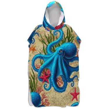 Imagem de Joisal Roupão leve para troca de poncho de surfe para toalha de banho com capuz de praia vintage azul polvo ponchos adultos para mulheres