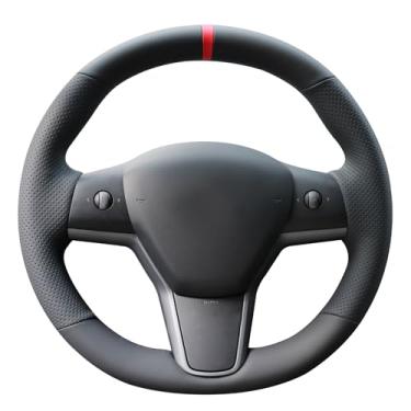 Imagem de MEWANT Capa de volante de couro artificial preto para Tesla Model Y 2020-2023 Model 3 2017-2023