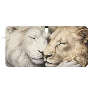 Imagem de Guarda-sol romântico de casal de leão branco amor personalizado para para-brisa bonito dobrável sombra de carro automotivo para para-brisa dianteiro estampa animal, 76 cm x 149 cm