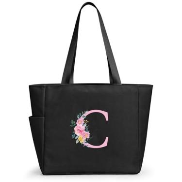 Imagem de KALIDI Sacola de praia personalizada, bolsa de compras com zíper inicial do alfabeto para mãe, professora, amiga, casamento, compras diárias, Preto, C, Large