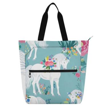 Imagem de Sacola floral White Horses para mulheres, trabalho, lona, escola, com zíper, bolsas para professores, presentes para amantes de livros