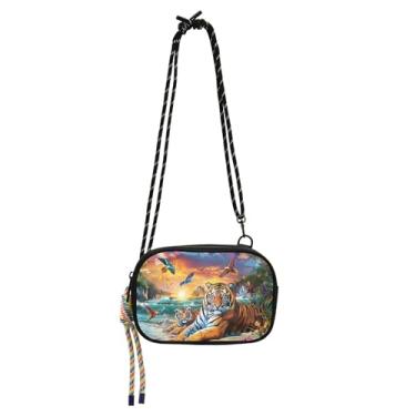 Imagem de Pequena bolsa transversal feminina pintura tigres paisagem praia bolsa celular com alça pochete sobre a bolsa de ombro viagem
