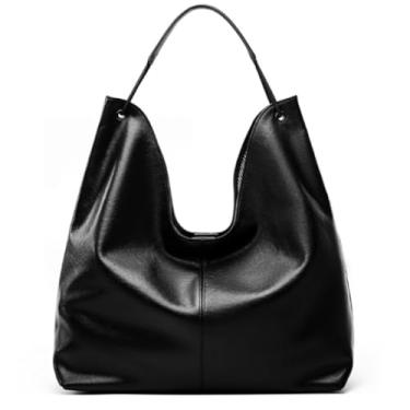 Imagem de Bolsa feminina de couro legítimo, bolsa clássica Hobo, bolsa de couro bovino de qualidade para mulheres, Preto