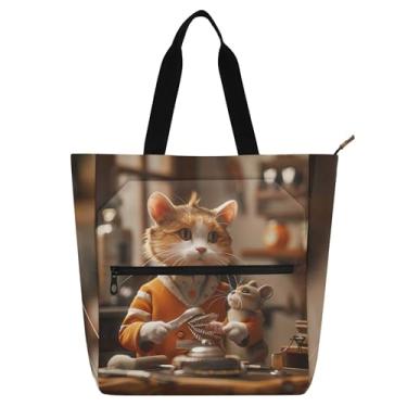 Imagem de GAIGEO Bolsa de trabalho feminina engraçada com rato de gato, lona, praia, escola, presente de viagem para amantes de livros