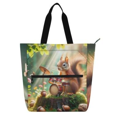 Imagem de GAIGEO Lindo tambor de esquilo bolsa de trabalho feminina bolsa de trabalho de lona com zíper bolsa de praia infantil presente fofo para amantes de livros