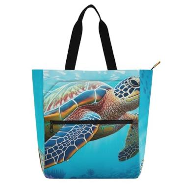 Imagem de Sacola feminina azul com tartarugas marinhas oceânicas, corais, para trabalho, lona, escola, com zíper, bolsas de tecido, presente para amantes de livros