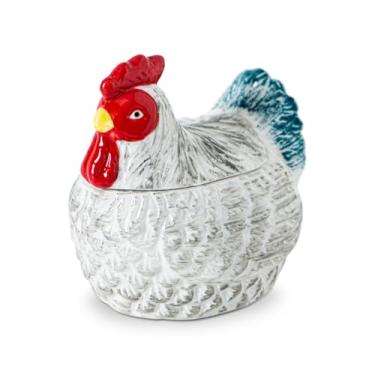 Imagem de GABROC Recipiente de sal em forma de galinha para saleiro de bancada com colher de bambu, açucareiro com tampa, recipientes de armazenamento de especiarias de cerâmica com tampa, decoração colorida de