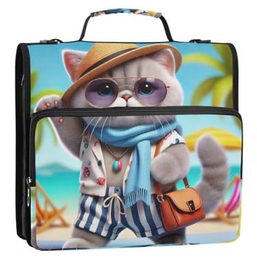 Imagem de Organizador de fichário colorido com zíper de 3,8 cm, 3 anéis, moderno, gatinho, divertido, pasta de armazenamento de gatos, pasta com alça para fichários escolares com alça de ombro