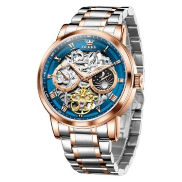 Imagem de OLEVS Relógios masculinos automáticos automáticos automáticos mecânicos de negócios diamante luxuoso vestido de aço inoxidável à prova d'água, 6670: ouro rosa azul