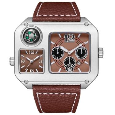 Imagem de Reginald Relógio masculino quadrado de fuso horário duplo, bússola, analógico, grande, de quartzo, com pulseira de couro PU, relógio moderno casual para uso ao ar livre, Marrom
