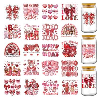 Imagem de Envoltório de copo DTF UV Valentine - 20 folhas laço vermelho coração gnomo UV DTF adesivos de transferência para garrafa de água de vidro de 473 ml, decalques à prova d'água XOXO Truck Love para