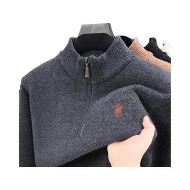 Imagem de Suéter Masculino De Tricô Grosso De Lã De Vison Com Meio Zíper E Gola 