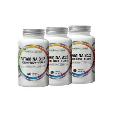 Imagem de Kit 3 Vitamina B12 Metilcobalamina + Ácido Fólico + Ferro 3X60 caps Flora Nativa-Unissex