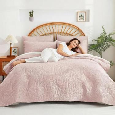 Imagem de Andreannie Conjunto de colcha de 3 peças para decoração de casa com estampa geométrica ultrassônica de verão e outono para todas as estações, presente para mamãe/irmã/avó (rosa, king (224 x 264 cm)